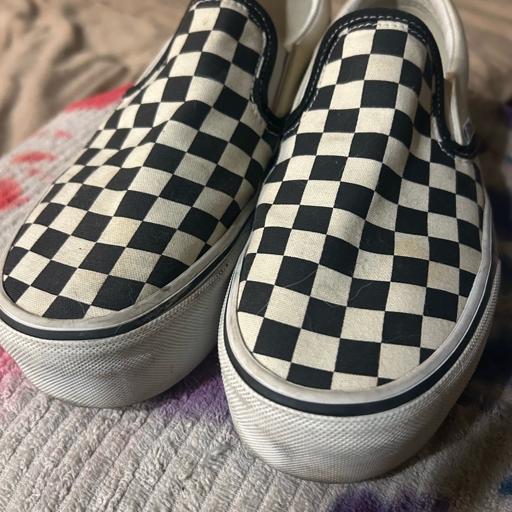 Vans Black and Cream Checkered Slip-Ons